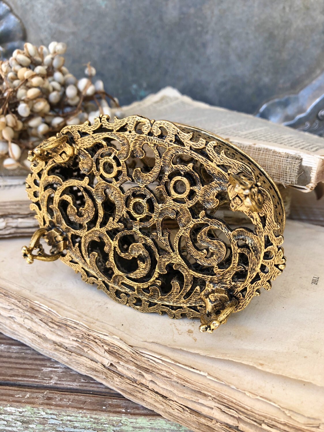 Antique Vintage Lipstick Holder Box Gold Filigree Brass Vanity Footed