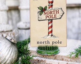 Puede incluir: Una tarjeta rectangular con una ilustración de estilo vintage de un poste indicador del Polo Norte a rayas rojas y blancas coronado por una esfera, acentuado con hojas de acebo verdes y bayas rojas, con el texto n y north pole impreso.