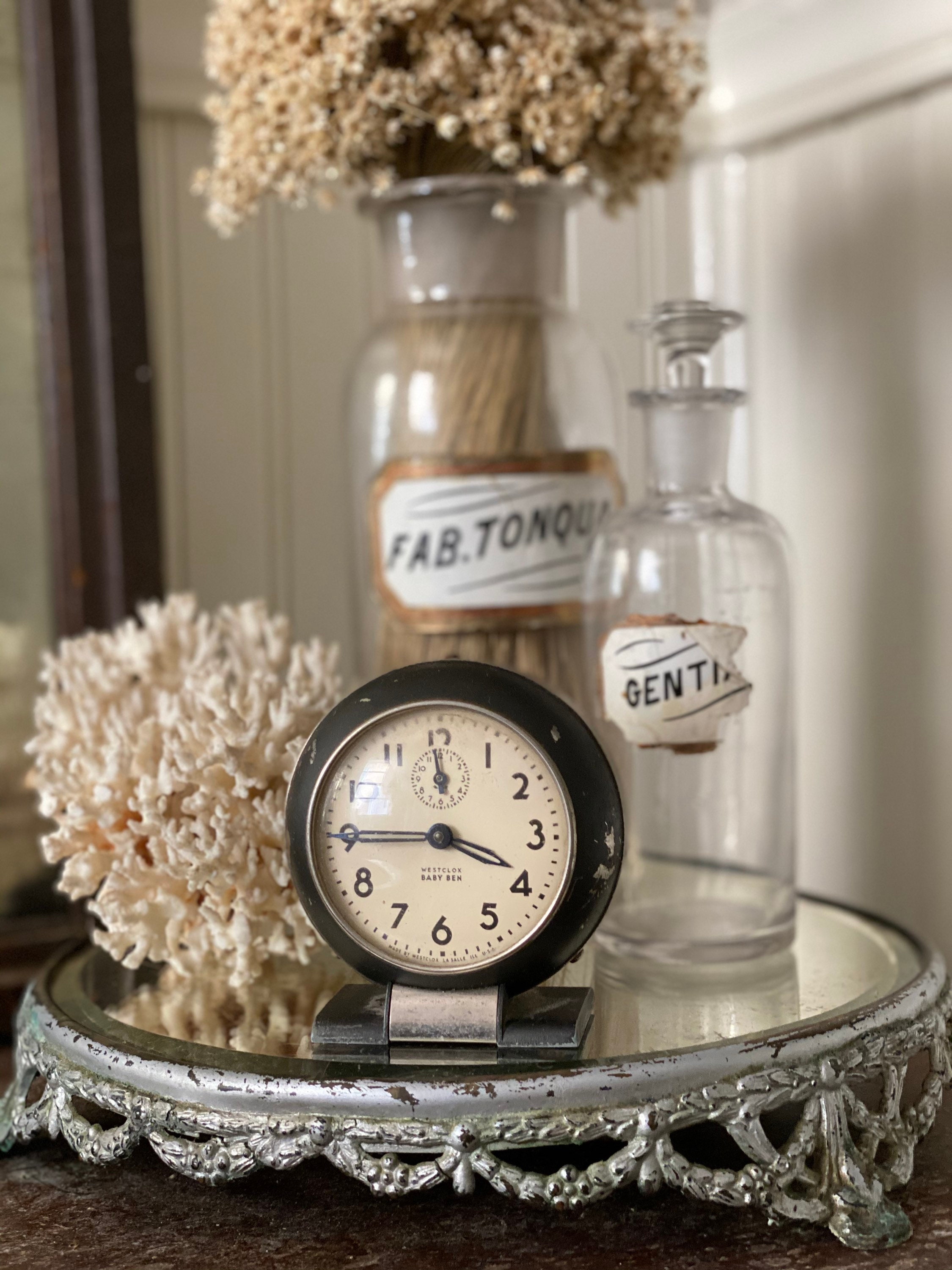 Vintage BABY BEN Metal Alarm Clock Face Chippy BLACK Farmhouse Decor