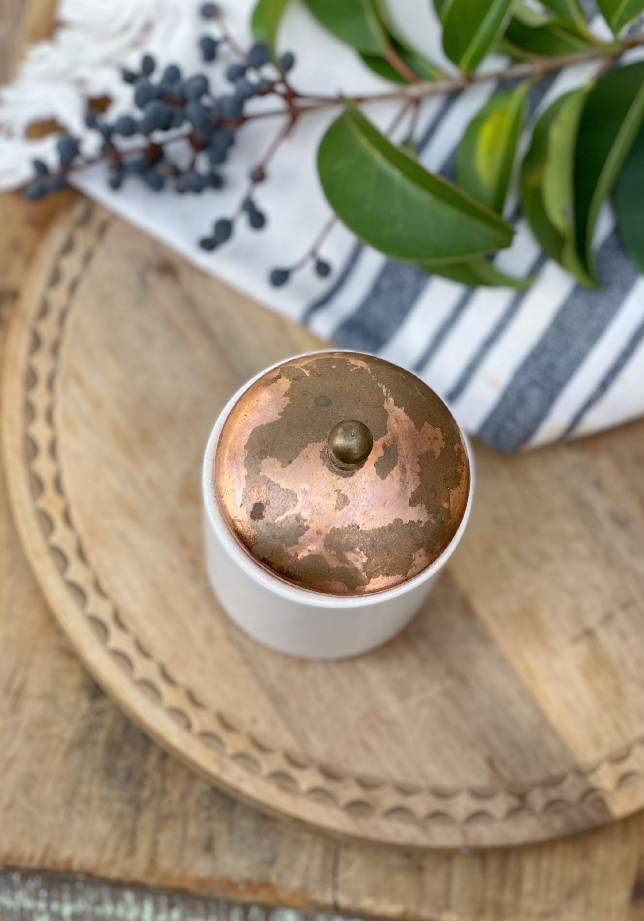 Vintage Ironstone Mustard Crock Jar With Copper Lid Caviar Pot Jar Bowl