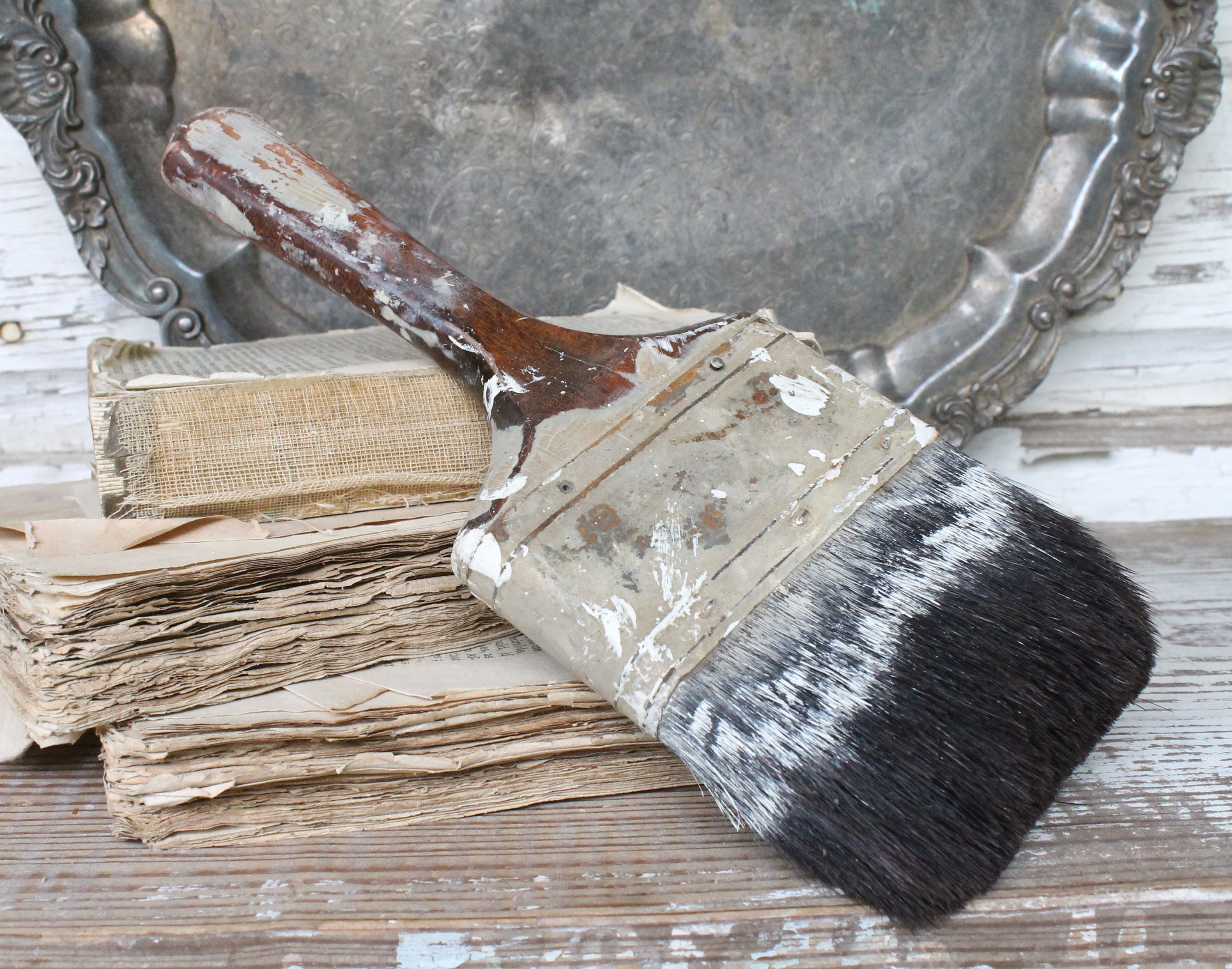 Vintage Paint Brush EXTRA LARGE Horse Hair Black Brown Farmhouse Decor