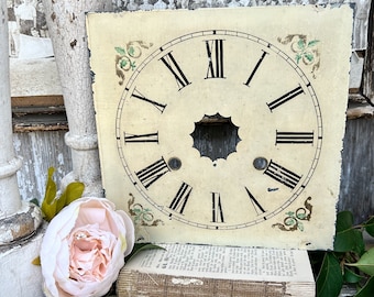 Antique Clock Face Farmhouse Decor Industrial Salvage Metal Painted Clock Dial FLOWERS Folk Art Primitive Green Gold