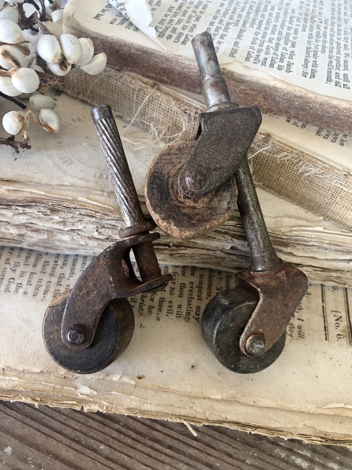 Vintage Wooden Wheels Caster Industrial Salvage Swivel Metal Farm Barn