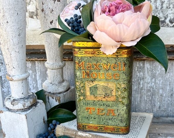 Antique MAXWELL HOUSE TEA Tin Can Farmhouse Decor Industrial Salvage Christmas Decor Red Green Gold