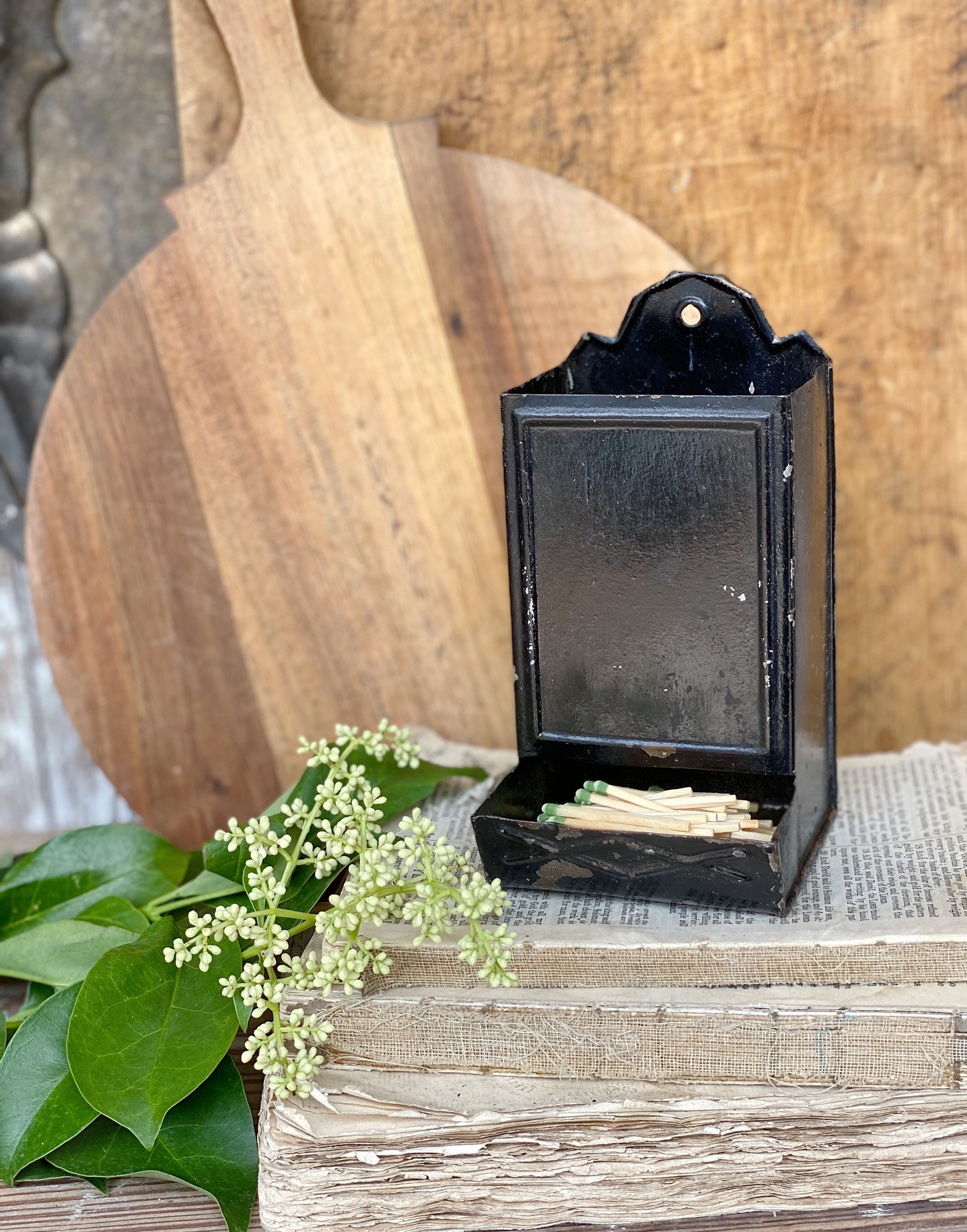 Vintage Metal Match Holder Wall Mount Black Chippy Farmhouse Decor