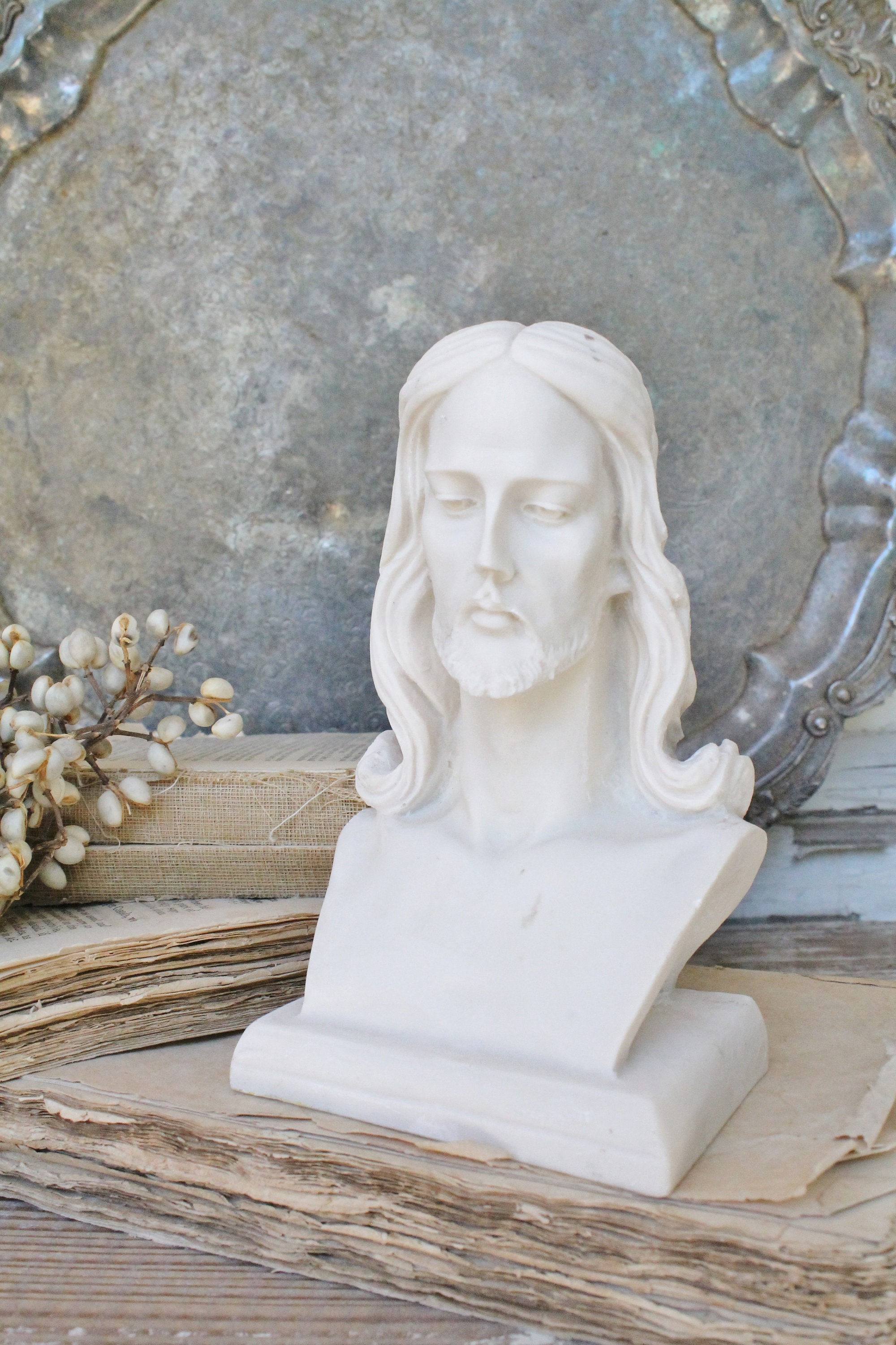 Vintage JESUS Bust Statue White Bisque Religious Farmhouse Decor Fixer Upper Decor Church Salvage