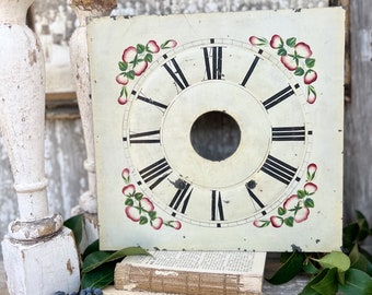 Antique Clock Face Farmhouse Decor Industrial Salvage Metal Painted Clock Dial FLOWERS Folk Art Primitive Chippy Paint