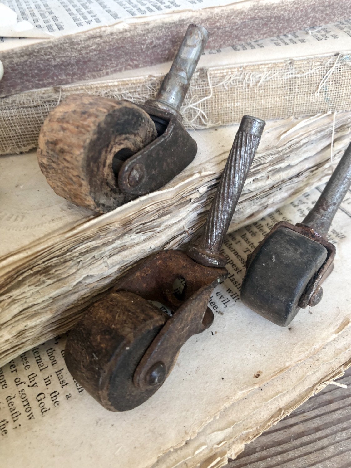 Vintage Wooden Wheels Caster Industrial Salvage Swivel Metal Farm Barn