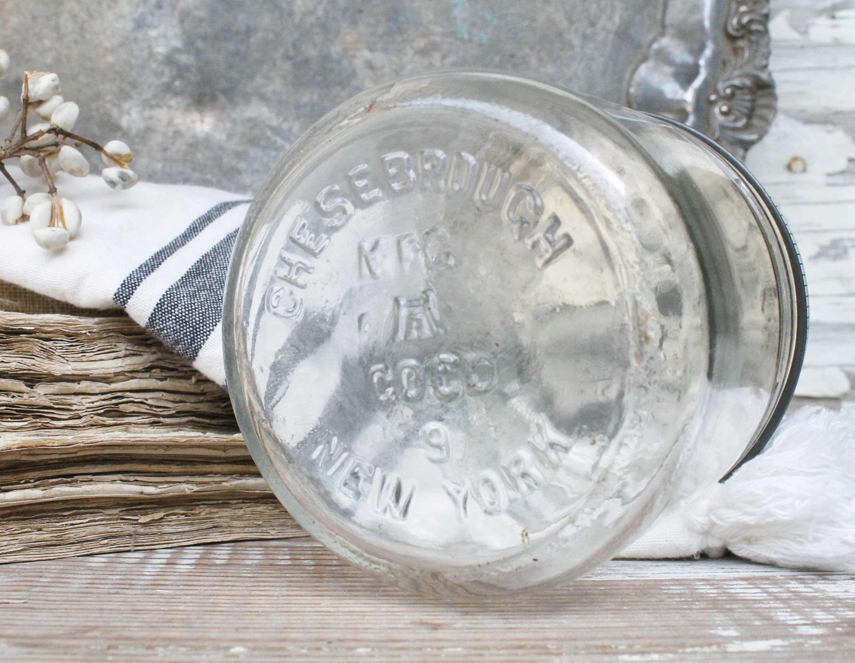 Vintage VASELINE Glass Jar with Lid BLUE SEAL Petroleum Jelly Container