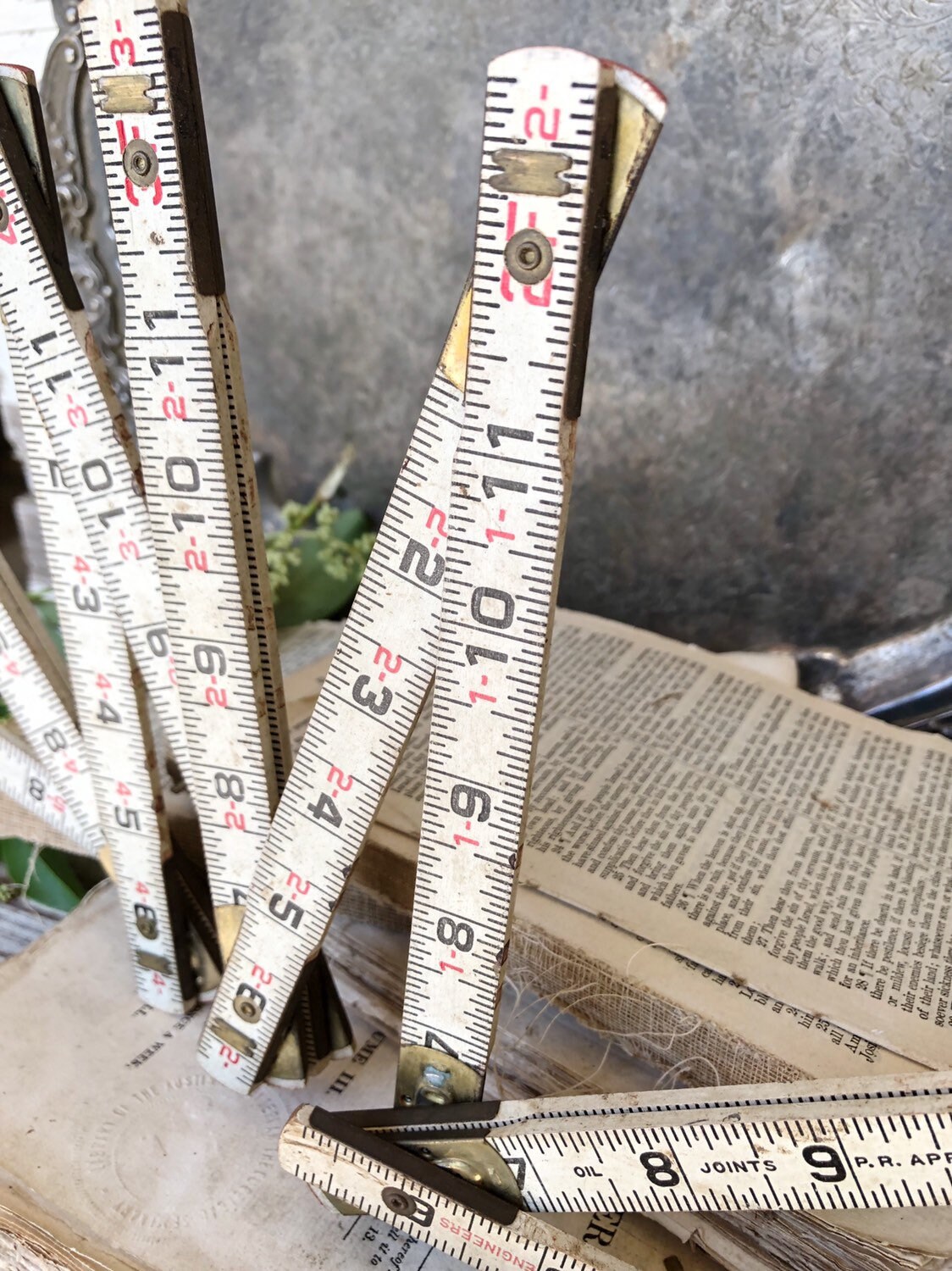 Vintage LUFKIN Folding Ruler Rugged Engineers Metal Wood Red End