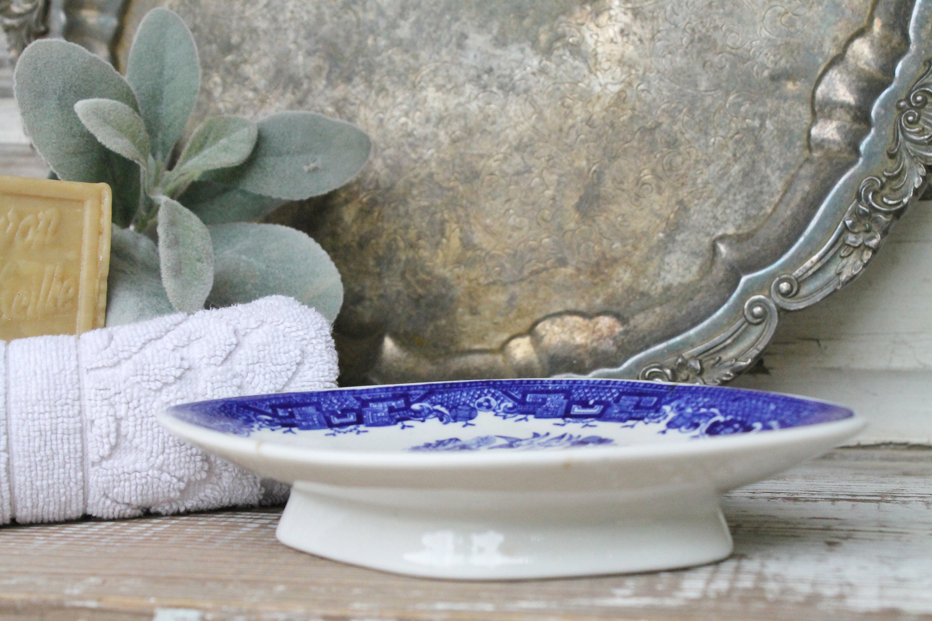 Antique White Ironstone Soap Dish Flow Blue Willow JACKSON CHINA