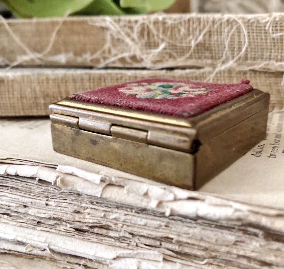 Antique Pill Box Needlepoint Box Farmhouse Decor Vanity Victorian
