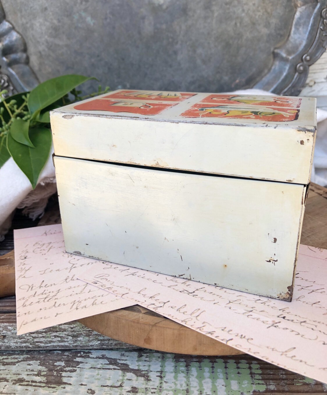 Vintage Metal Tin Recipe Box Painted Primitive Farmhouse Decor