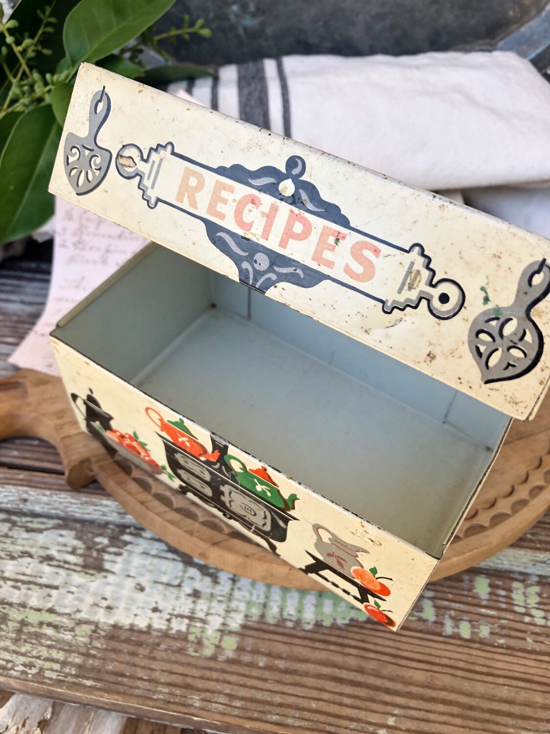 Vintage Metal Tin Recipe Box Painted Primitive Farmhouse Decor