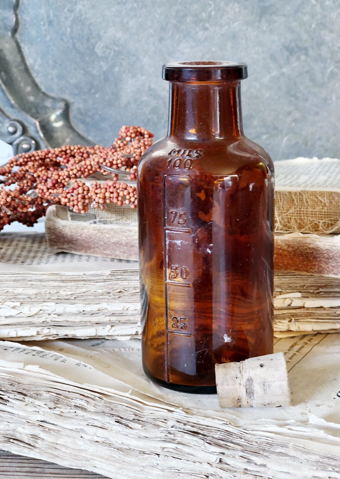 Antique Amber Glass Bottle Brown Glass Cork Stopper Apothecary Pharmacy