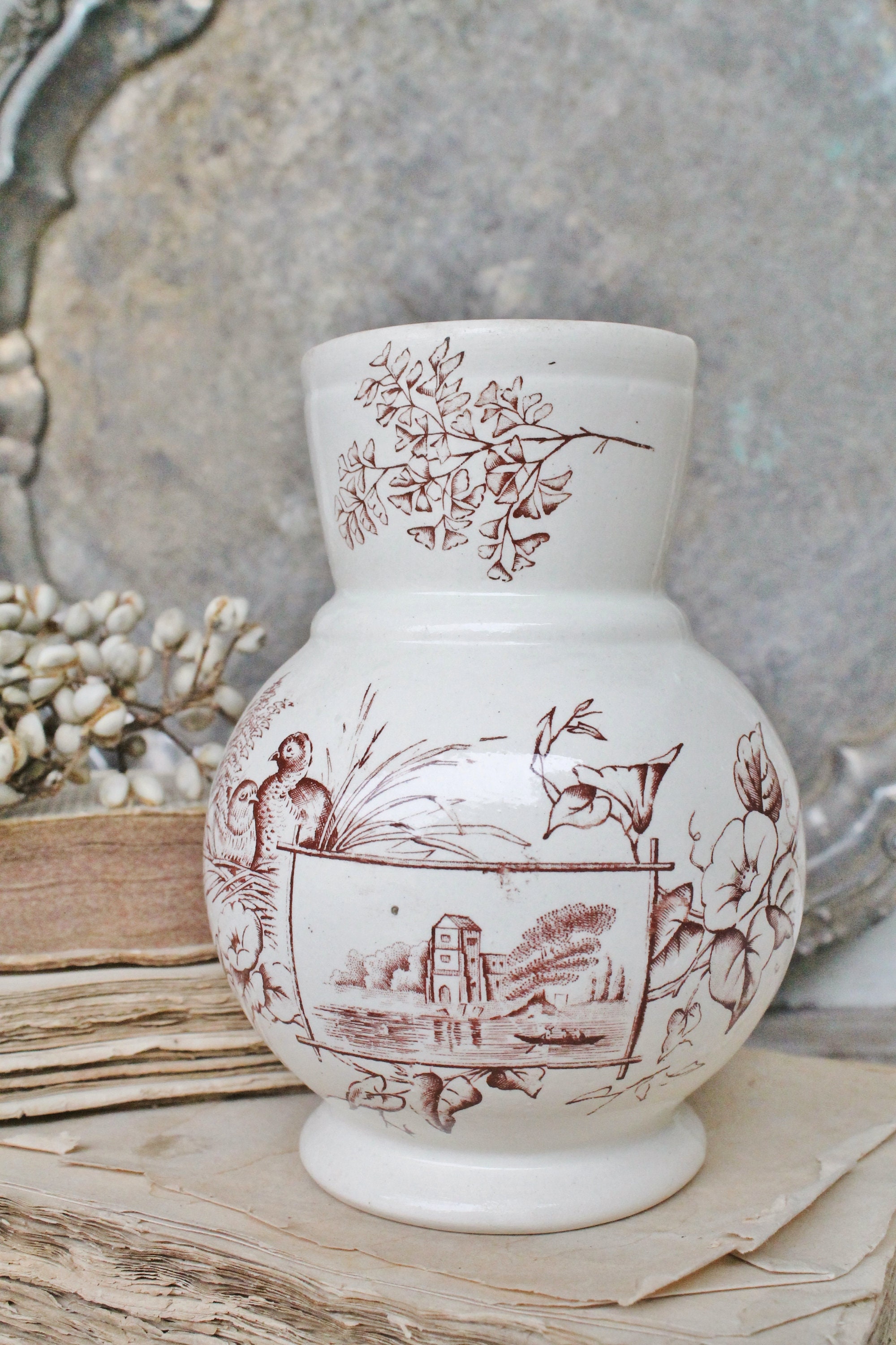 Antique Creamy White Ironstone Footed Jar Vase Brown Transferware
