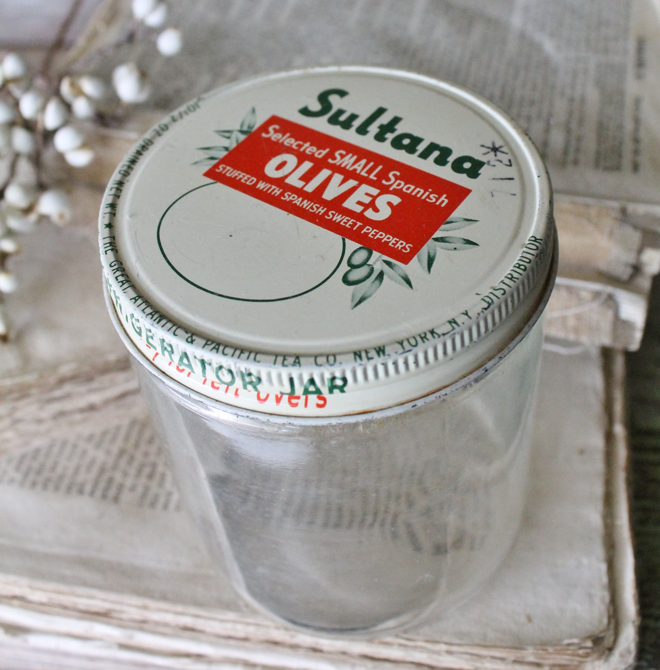 Vintage OLIVES Glass Jar with Lid SULTANA Spanish Olives Container