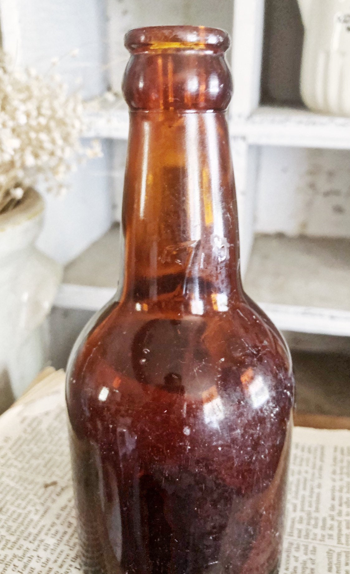 Antique Amber Glass Bottle Brown 7 Up Glass Fall Farmhouse Industrial Decor Salvage