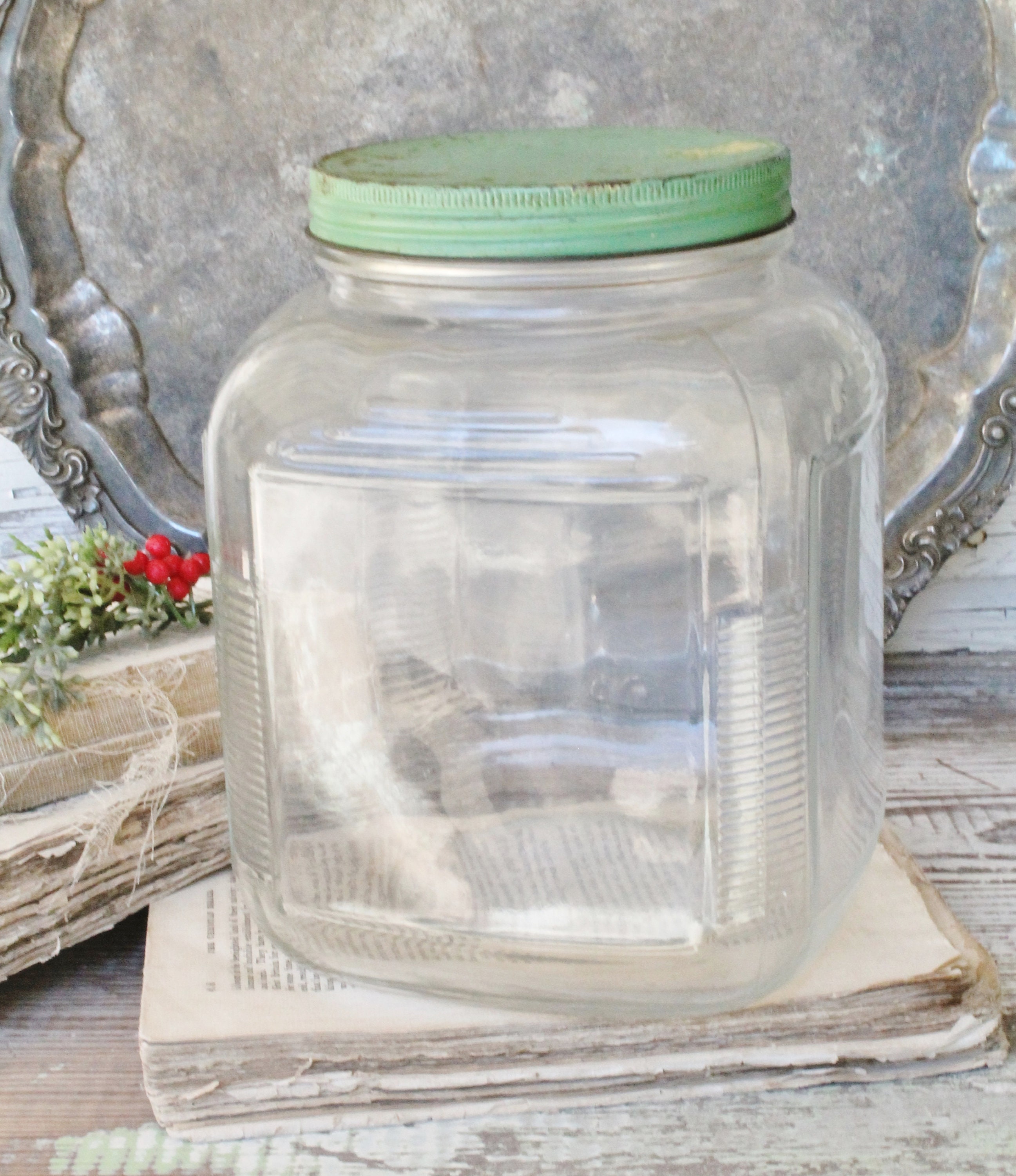 Vintage HOOSIER Glass Jar with GREEN Lid Container Farmhouse Decor