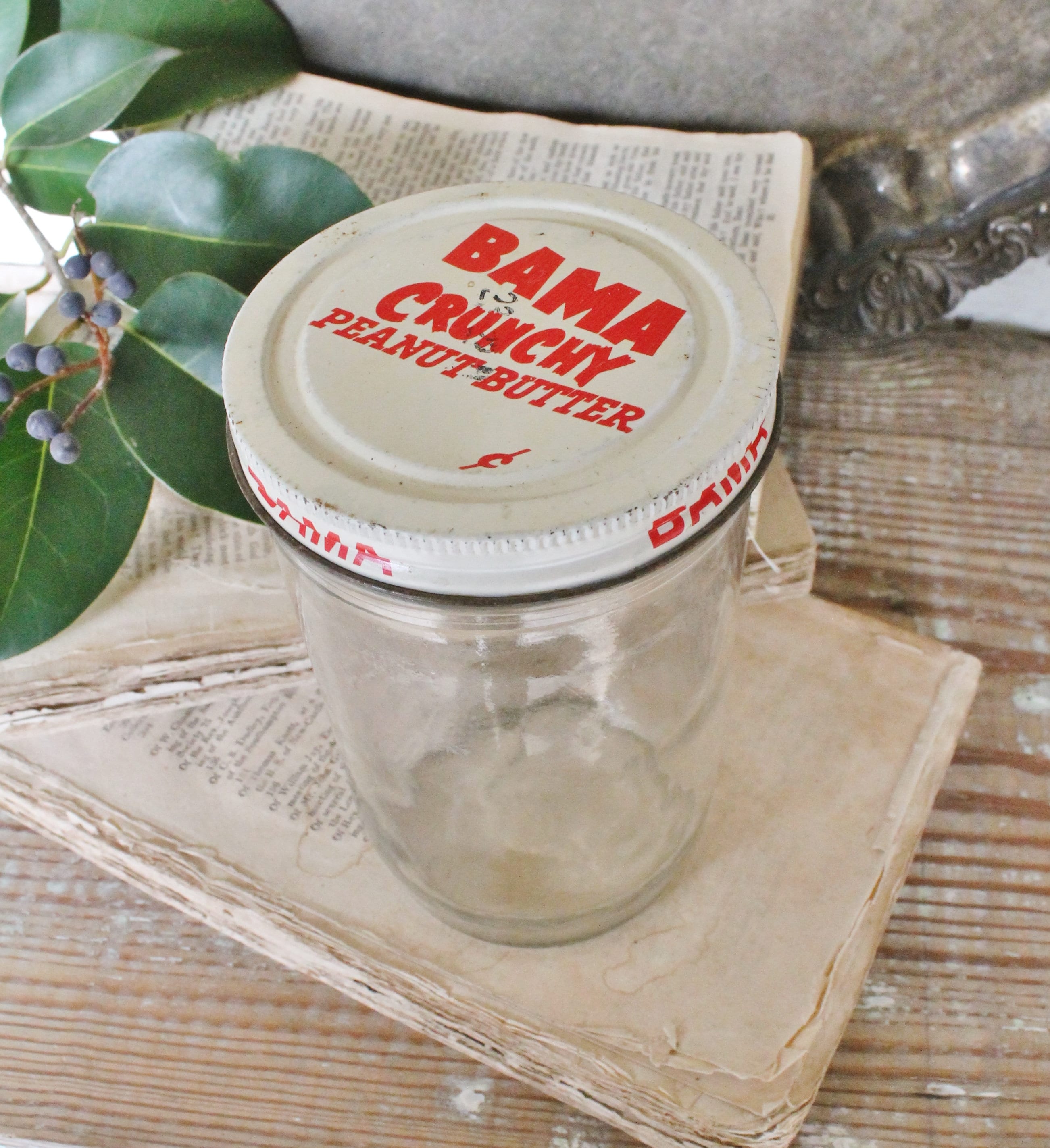 Vintage PEANUT BUTTER Glass Jar with Lid BAMA Crunchy Red Container