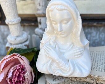 Vintage White Mary Madonna Bust Statue PLANTER Pottery Farmhouse Garden Religious Decor