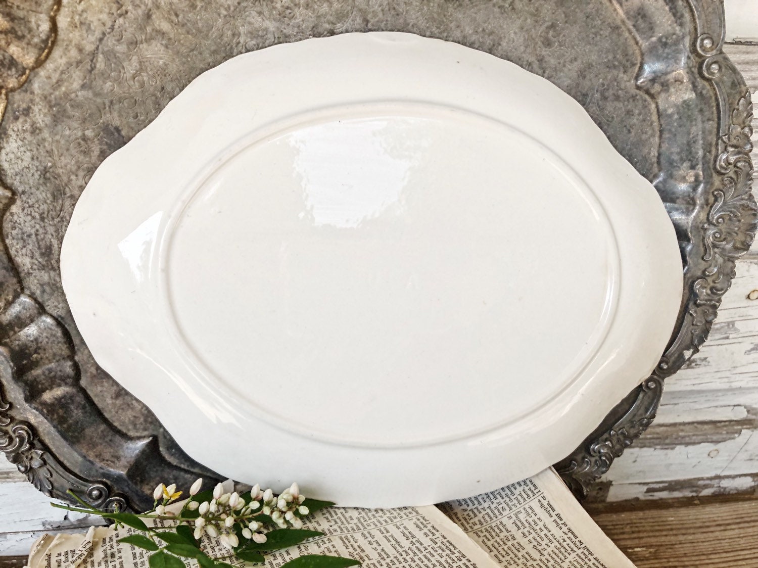 Vintage Ironstone Platter Creamy White Oval Scallop USA Farmhouse Decor