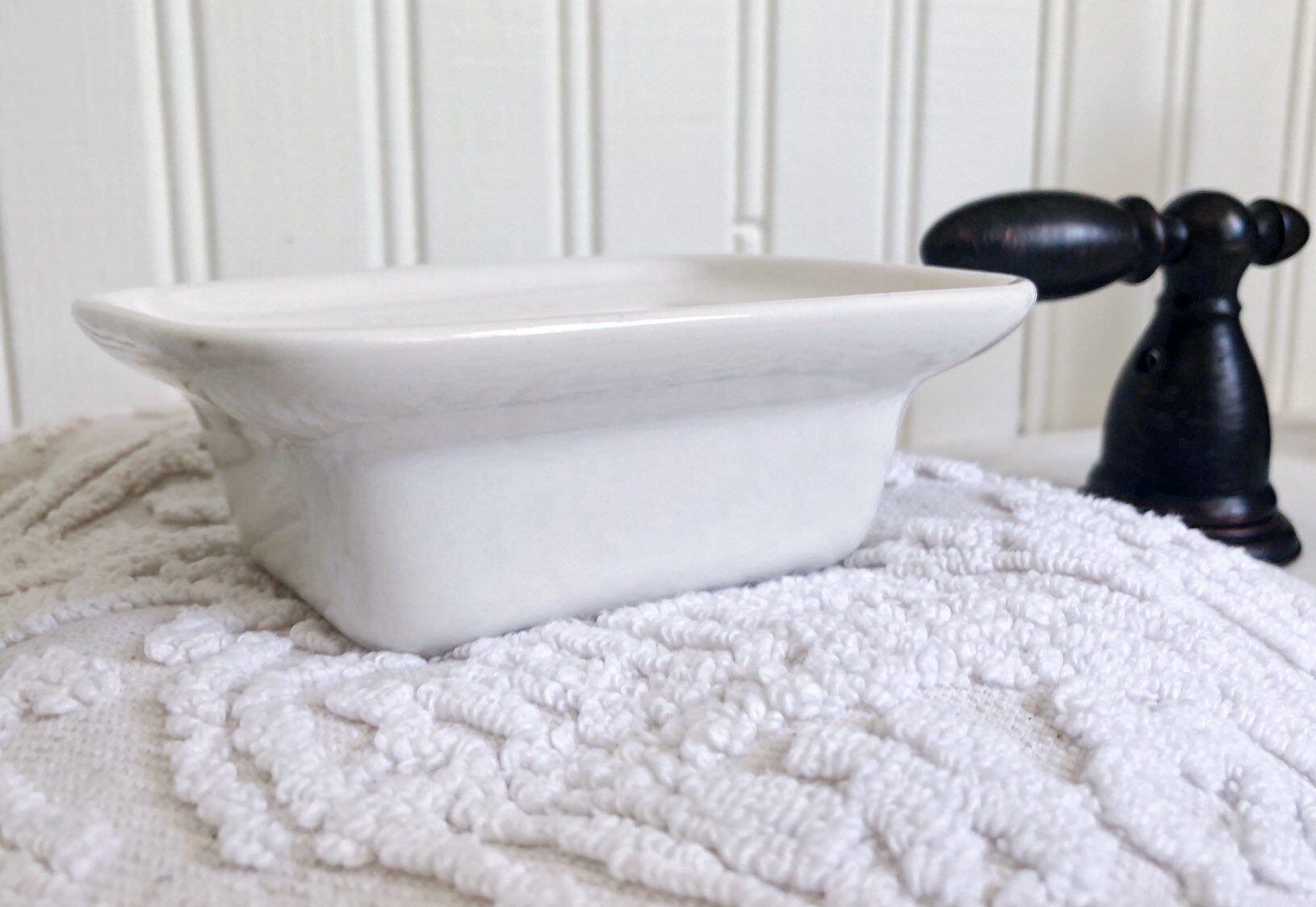 Vintage White Ironstone Soap Dish Box Rectangle Square Farmhouse Decor