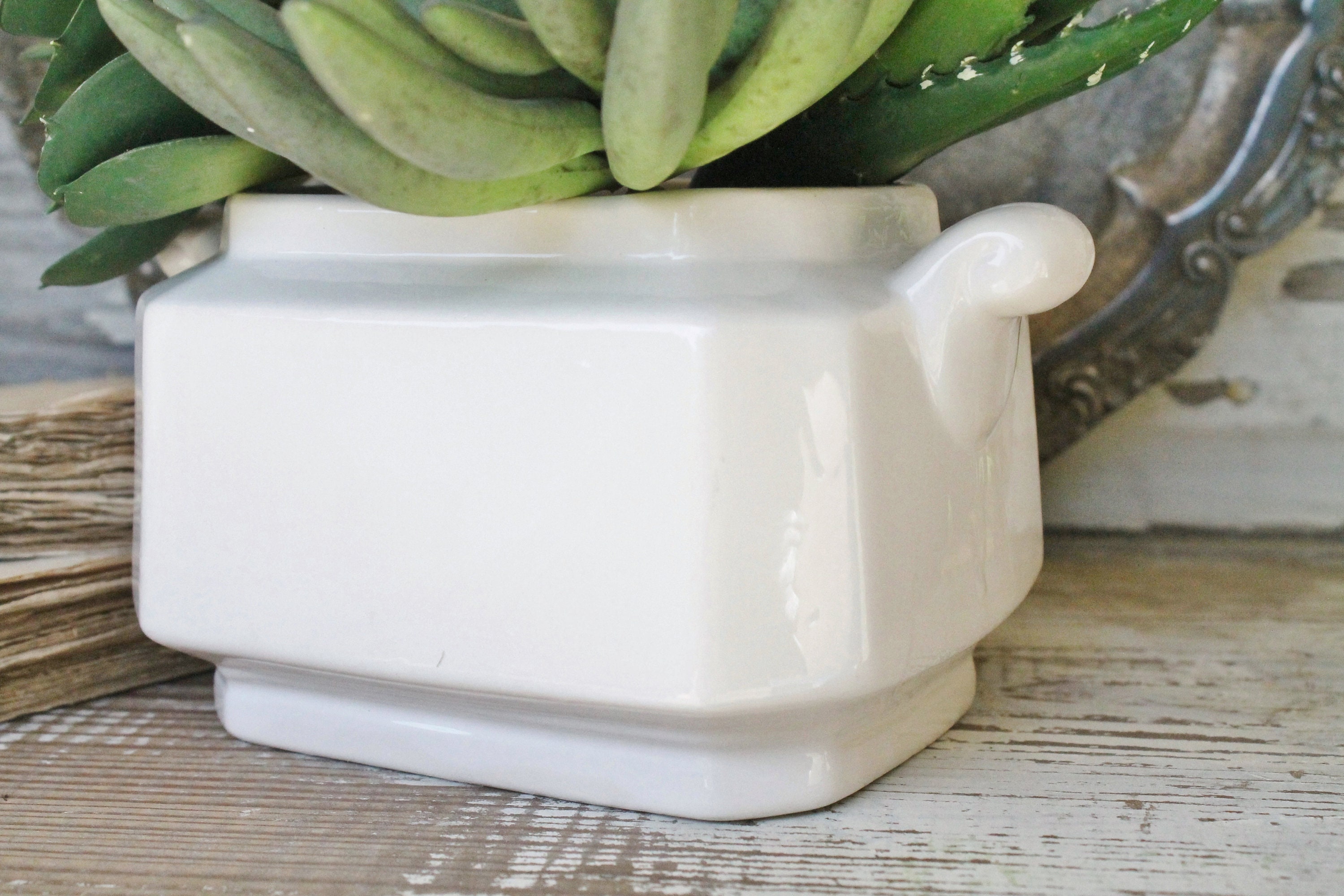 Vintage White Footed Bowl Compote Tureen With Lid Planter Container Farmhouse Decor Fixer Upper