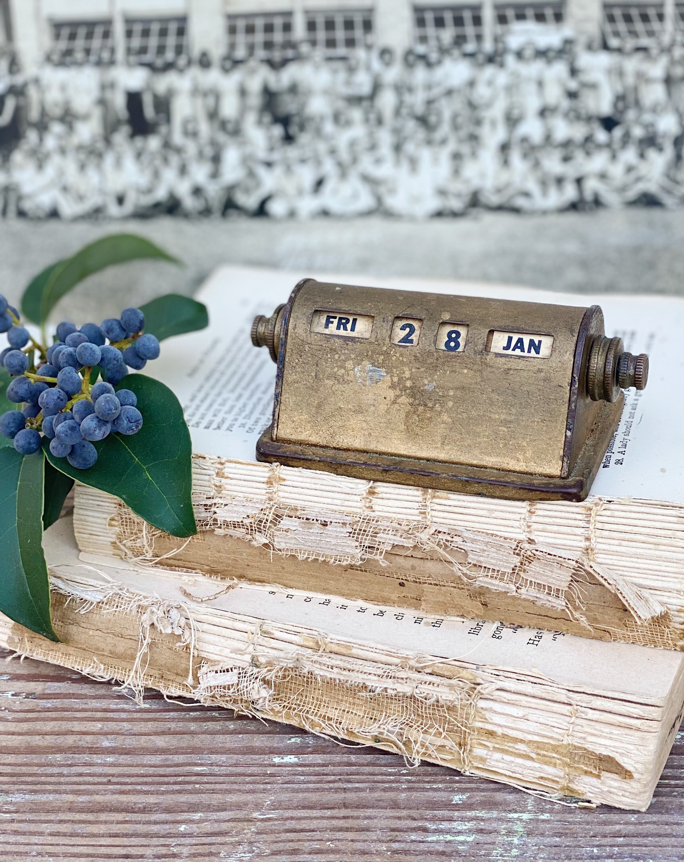 Antique Perpetual Calendar Desk Matte Gold Brass Industrial Office