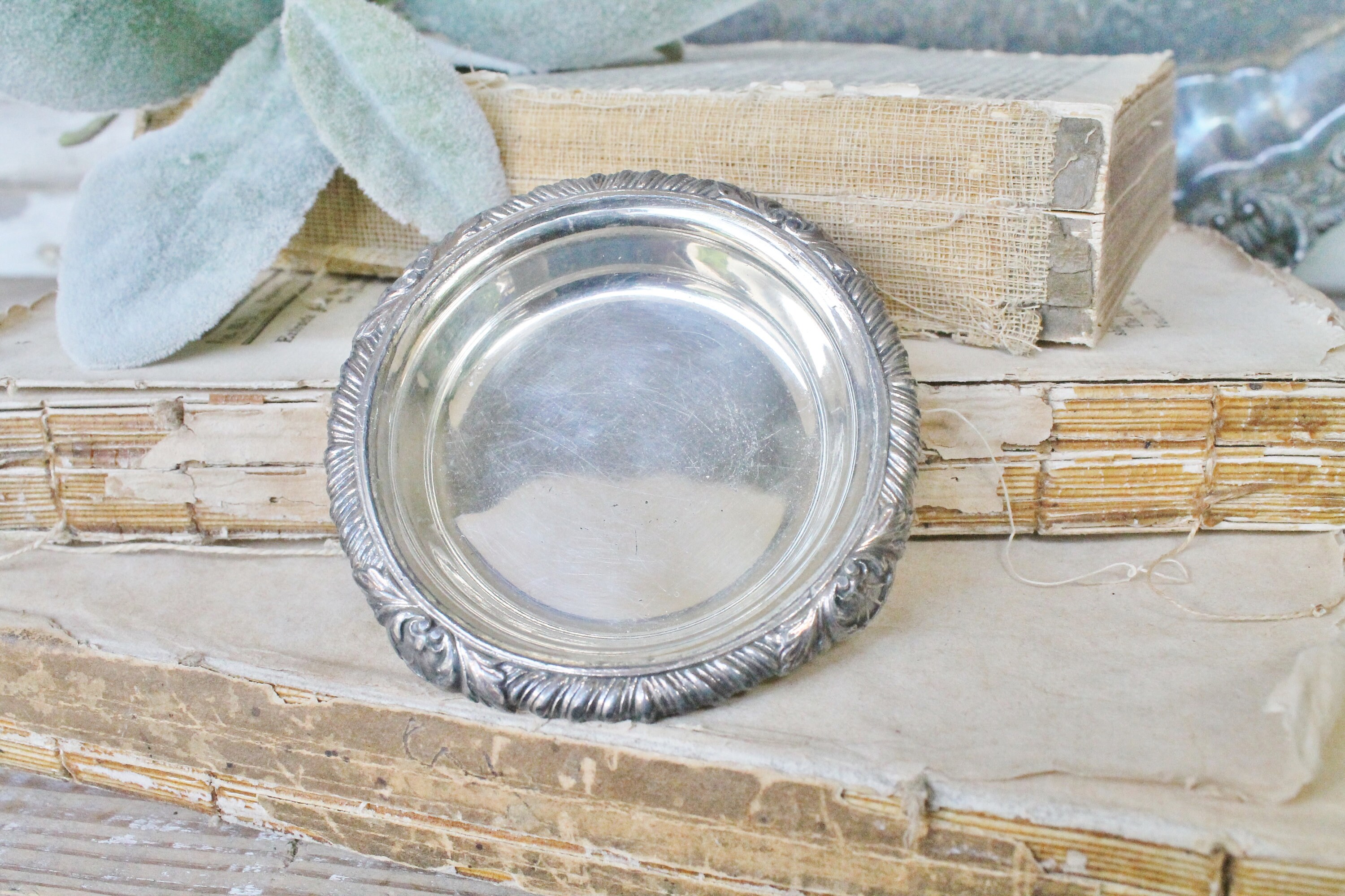 Antique Silver Scalloped Butter Pat Trinket Tray Salt French Country