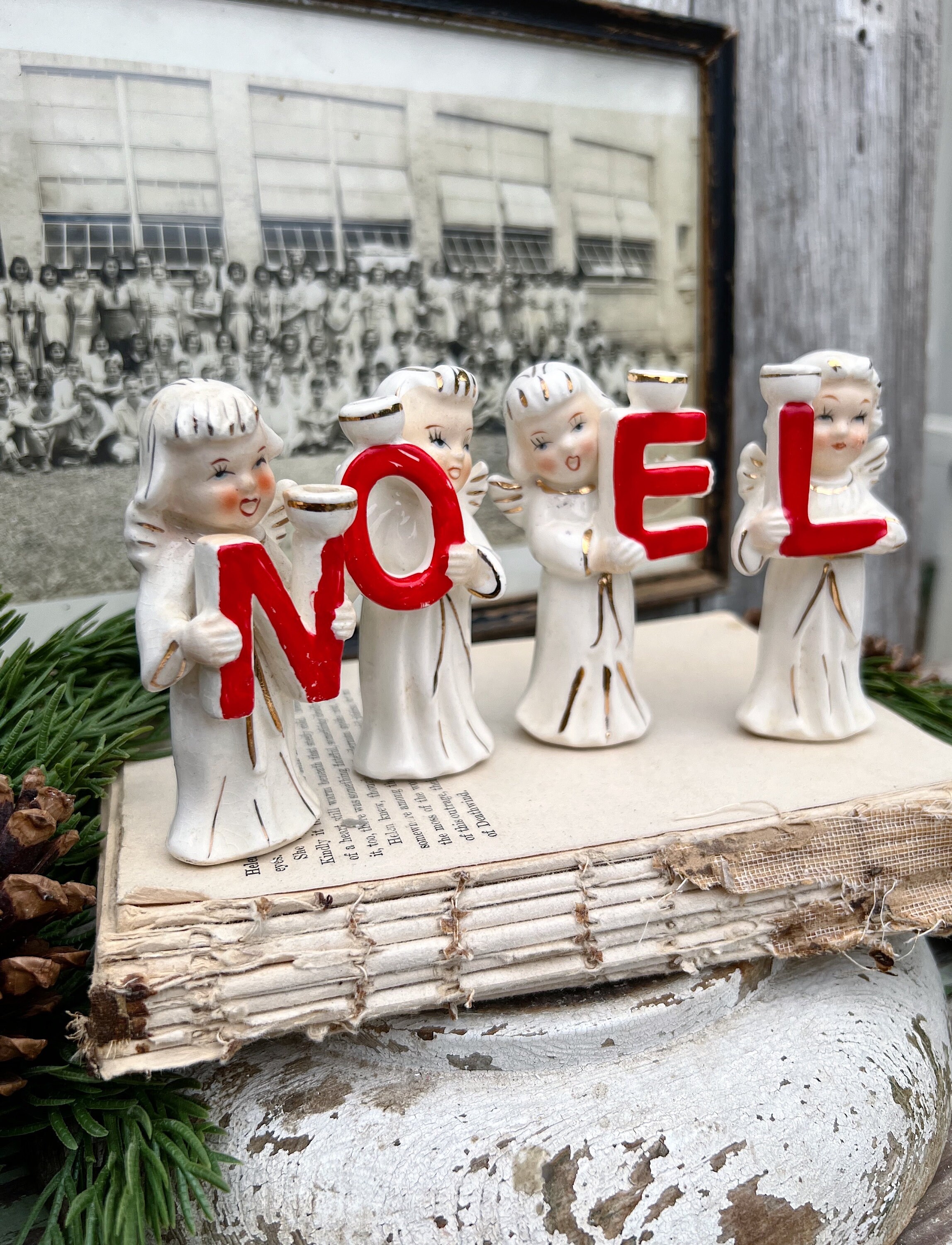 Vintage NOEL Candle Holders Angel CAROLERS Creamy WHITE Red Farmhouse
