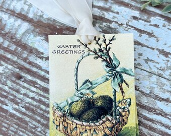 EASTER GREETINGS Vintage Gift Tags Basket Eggs French Farmhouse Decor Card  Shabby Set Of 8