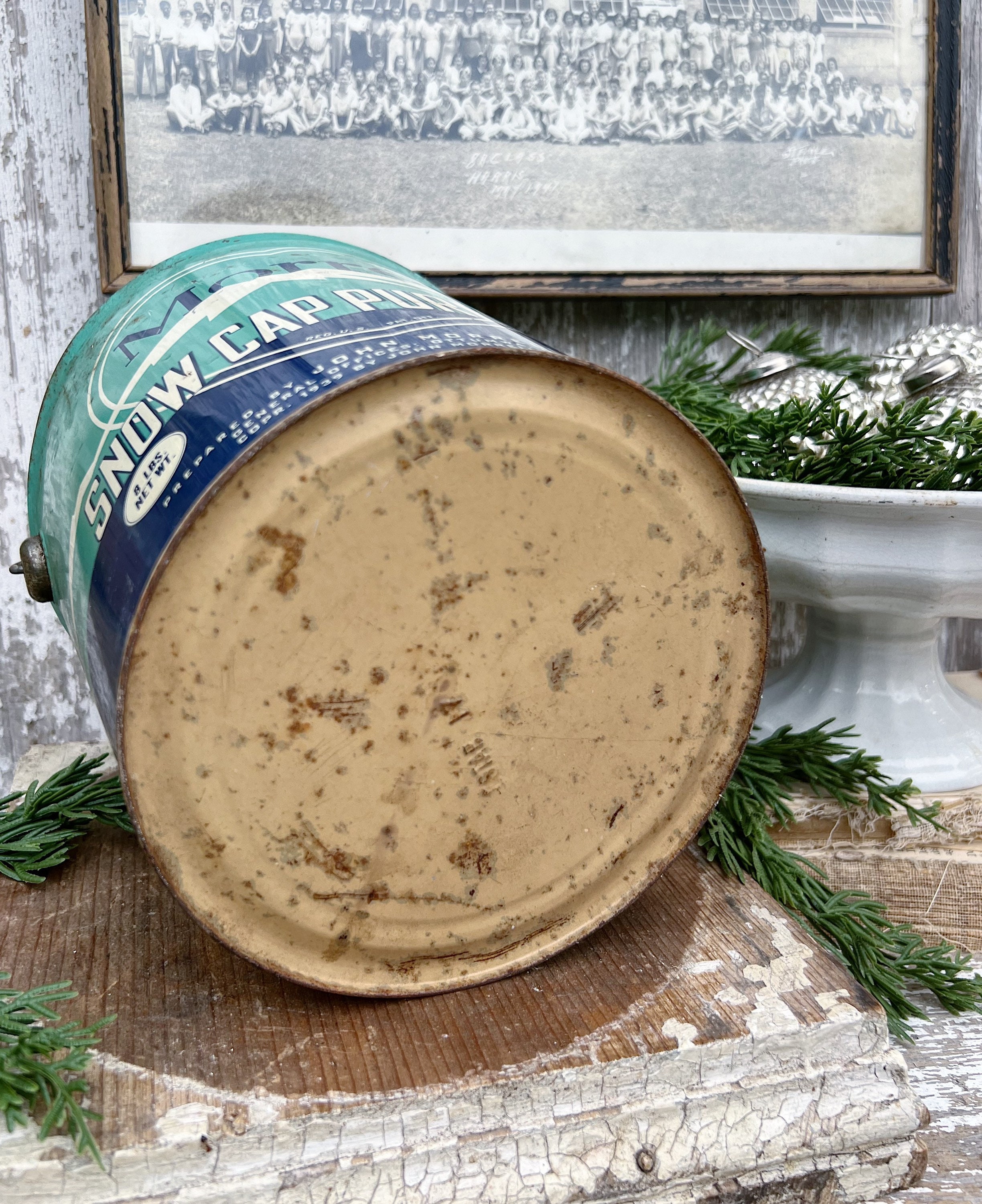 Antique MORRELL Snow Cap LARD Bucket with Bail Handle Galvanized Blue