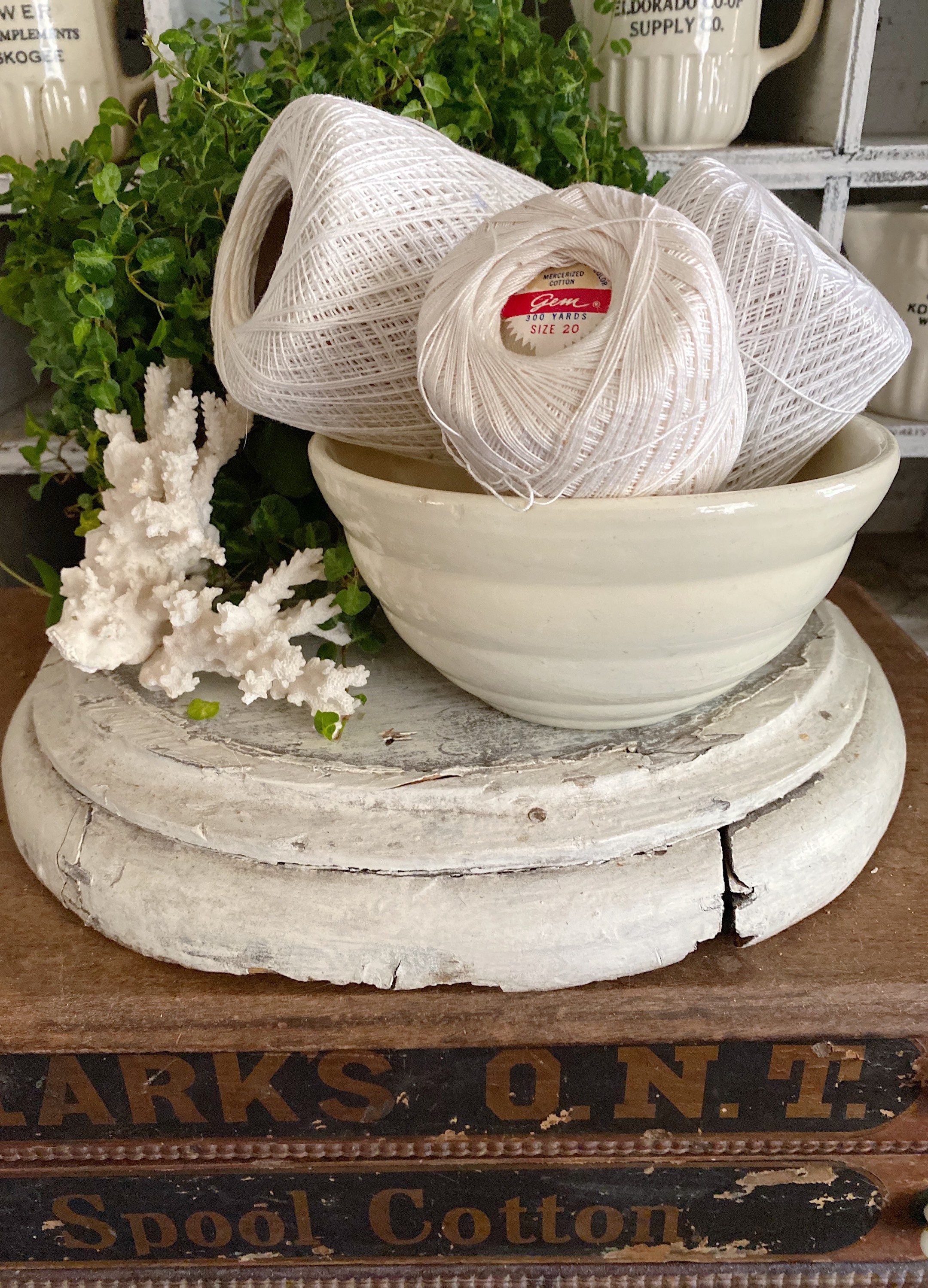 Vintage Crochet Yarn String SET of 3 Spools WHITE Thread Farmhouse