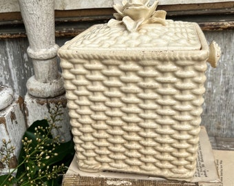 Antique Ironstone Covered Canister Square Box Cream Grungy Farmhouse Decor Floral Embossed Old Japan Basket Weave