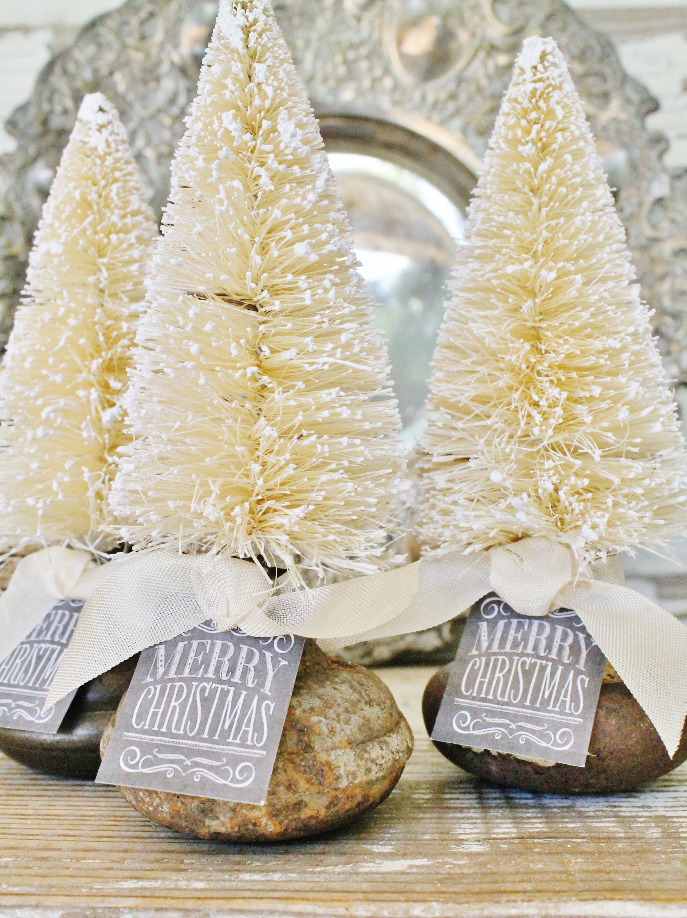 Vintage Door Knob Christmas Tree Bottle Brush Tree Topper WHITE Flocked