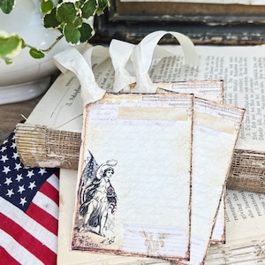 Conjunto de 8 etiquetas de presente vintage com bandeira patriótica LADY LIBERTY, decoração de fazenda americana, cartão para o dia 4 de julho dos EUA