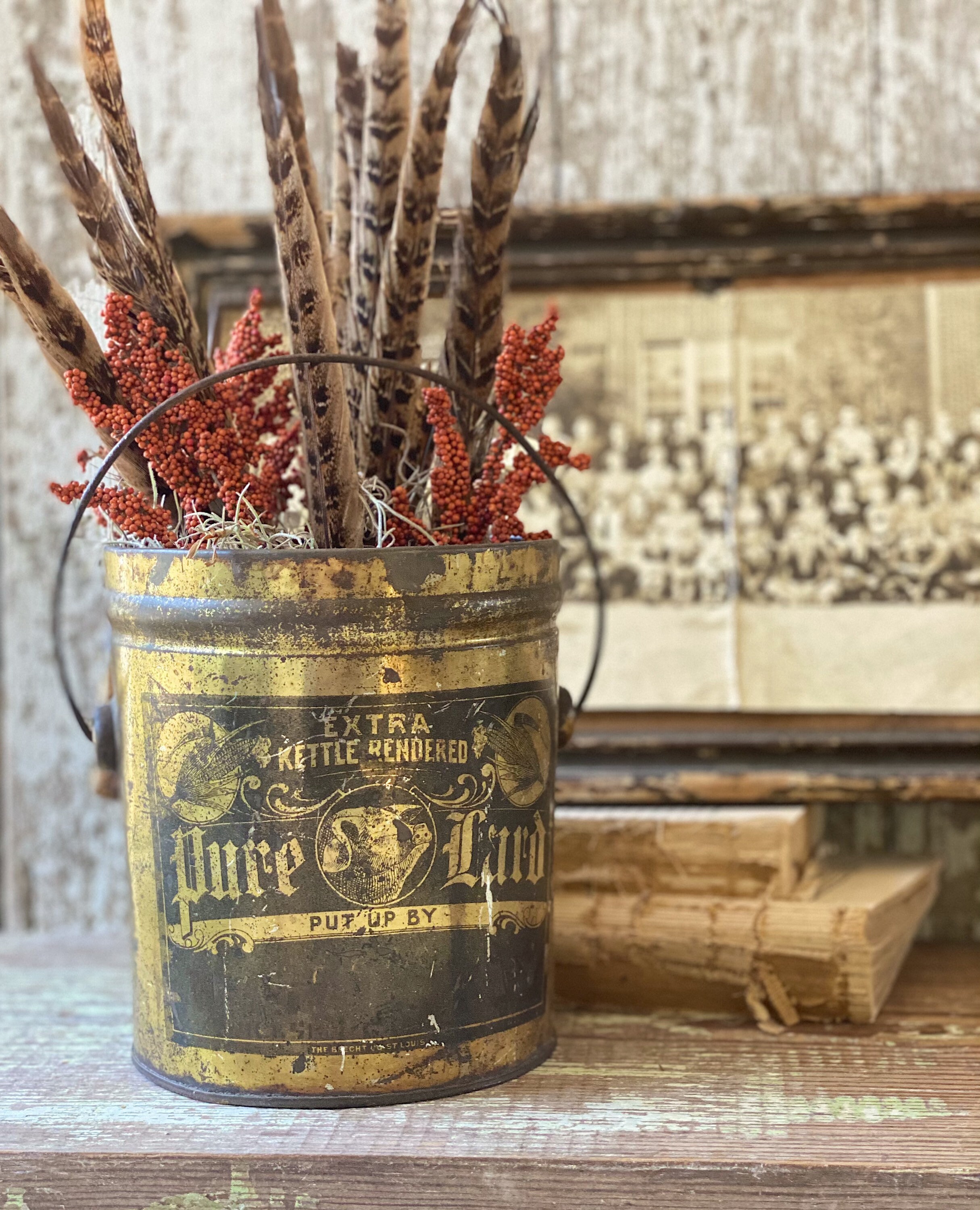 Antique Pure Lard Kettle Rendered Lard Bucket Pail Gold Black Galvanized Metal Farmhouse Decor