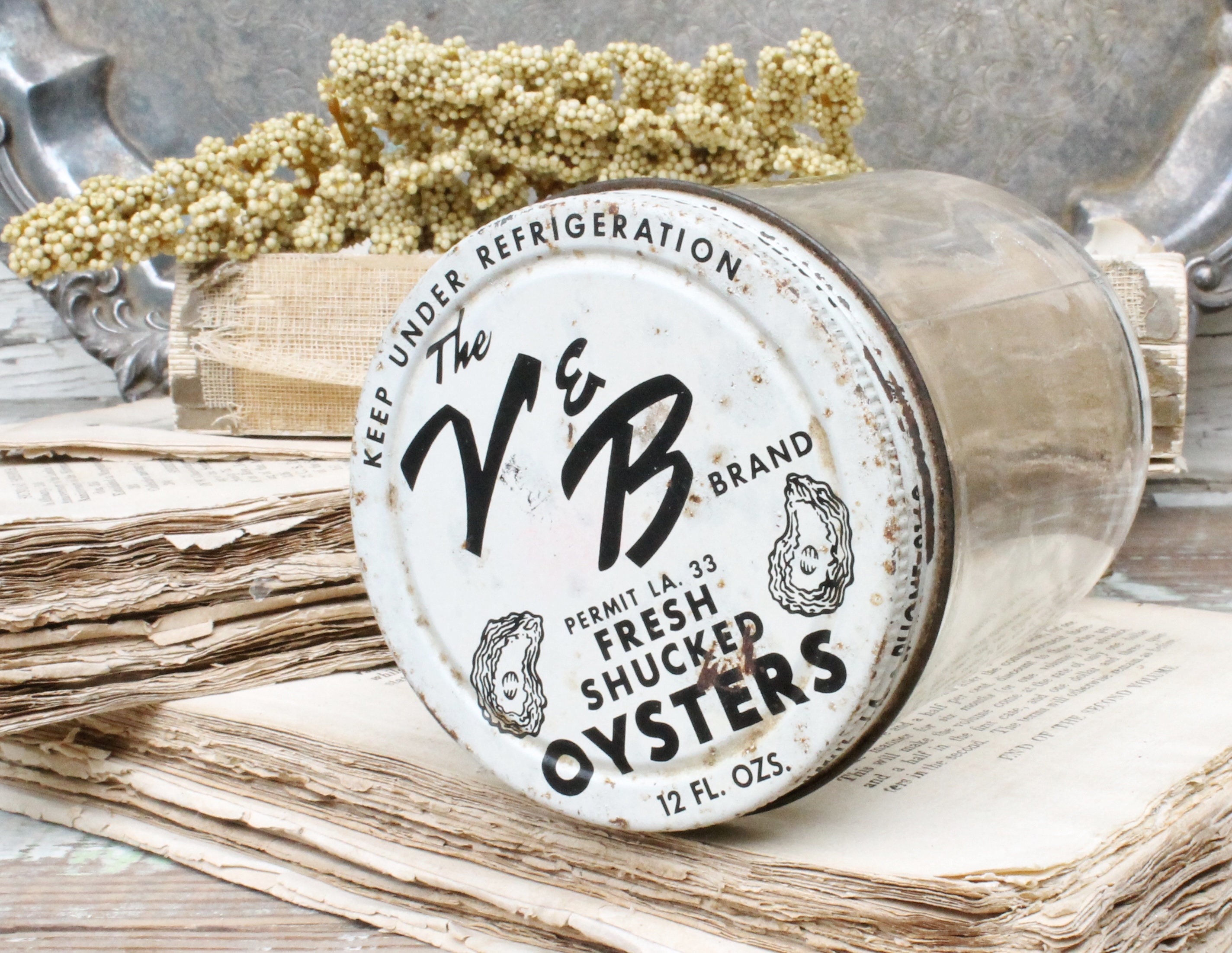 Vintage OYSTER Glass Jar with Lid Black and White BALL JAR Container