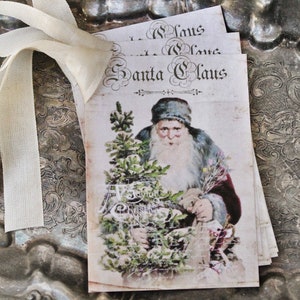 Geschenkanhänger Weihnachten Vintage WEIHNACHTSMANN Weihnachtsmann mit Baum Bauernhaus Deko Weihnachtskarte French Shabby Geschenkverpackung Primitive