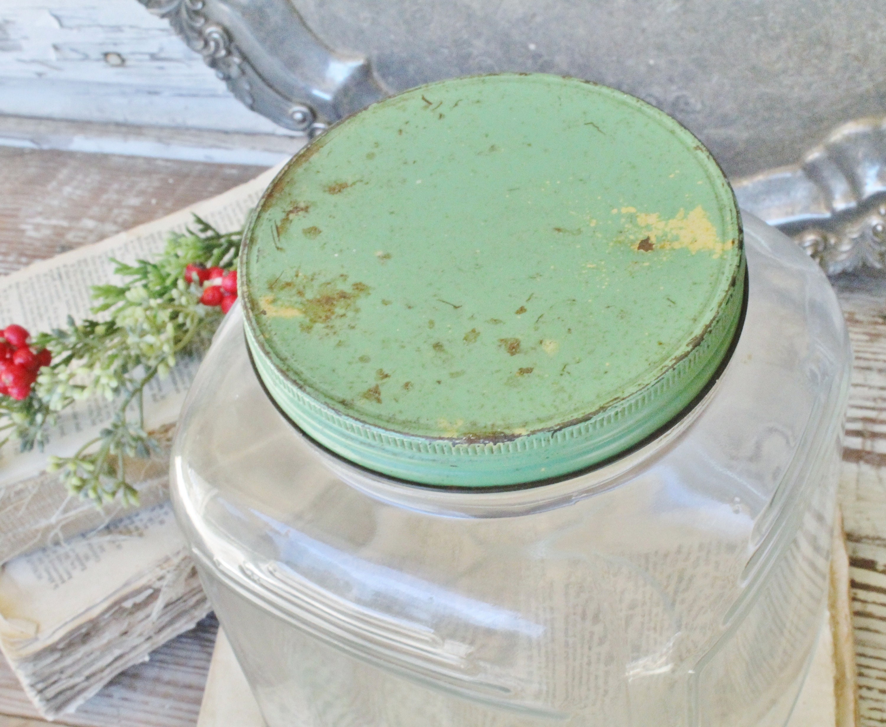 Vintage HOOSIER Glass Jar with GREEN Lid Container Farmhouse Decor
