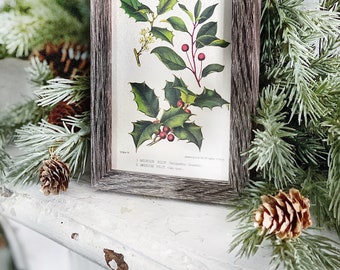 Vintage Christmas Sign HOLLY BOTANICAL Frame Farmhouse Christmas Decor Barn Wood Rustic Primitive Christmas Sign