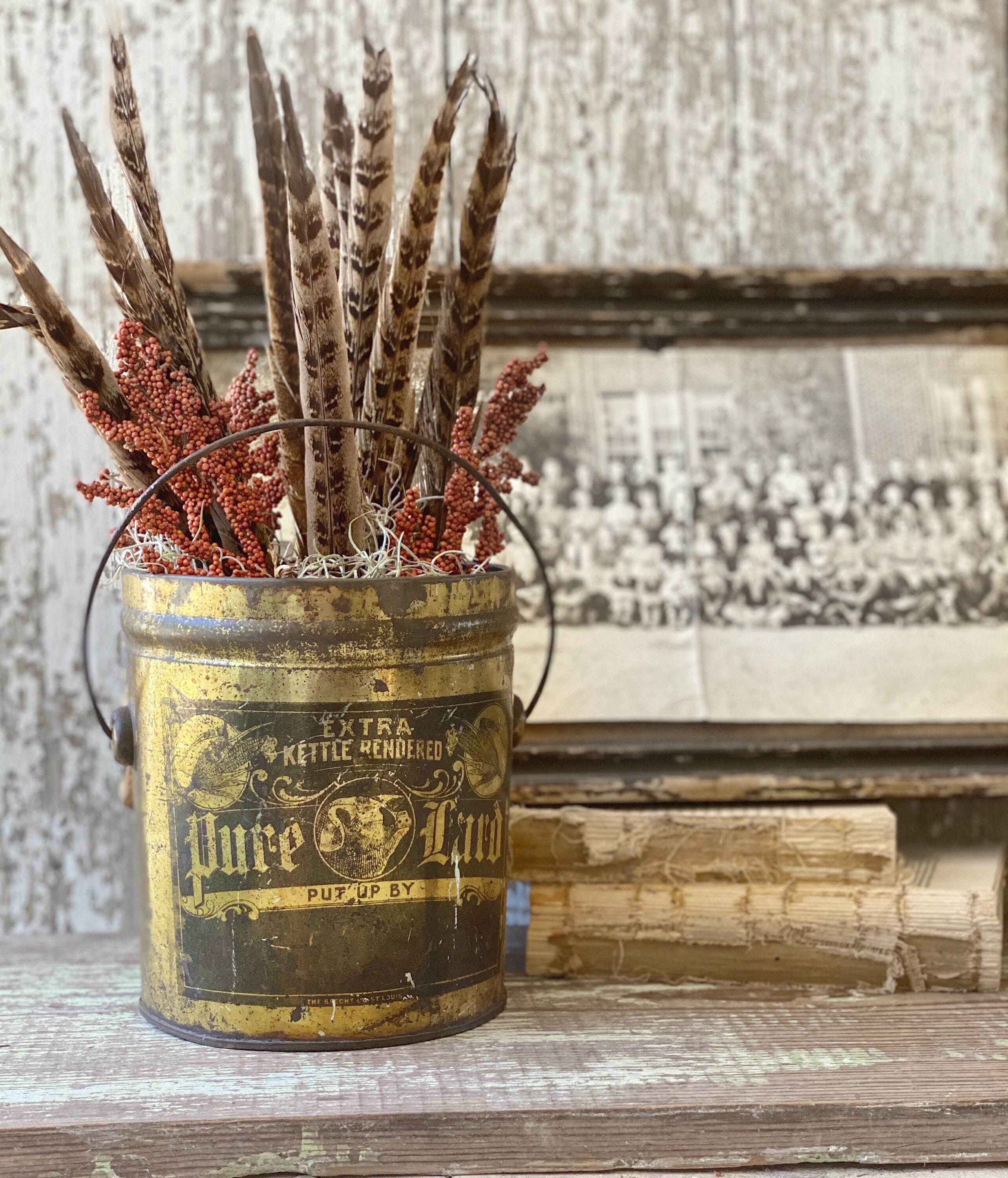 Antique Pure Lard Kettle Rendered Lard Bucket Pail Gold Black Galvanized Metal Farmhouse Decor