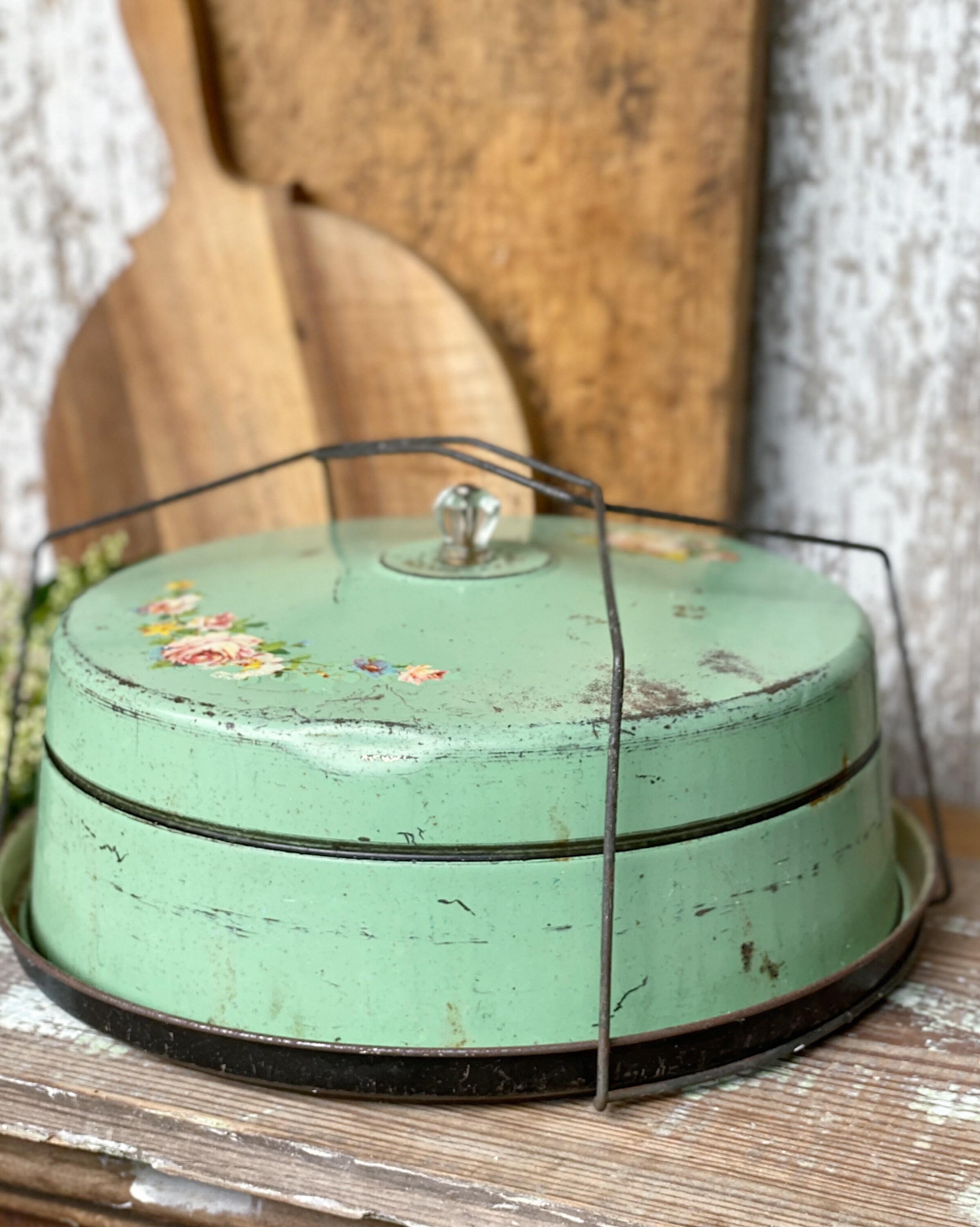 Antique Cake Cover Keeper Dome GREEN Cream Metal Tin Farmhouse Decor