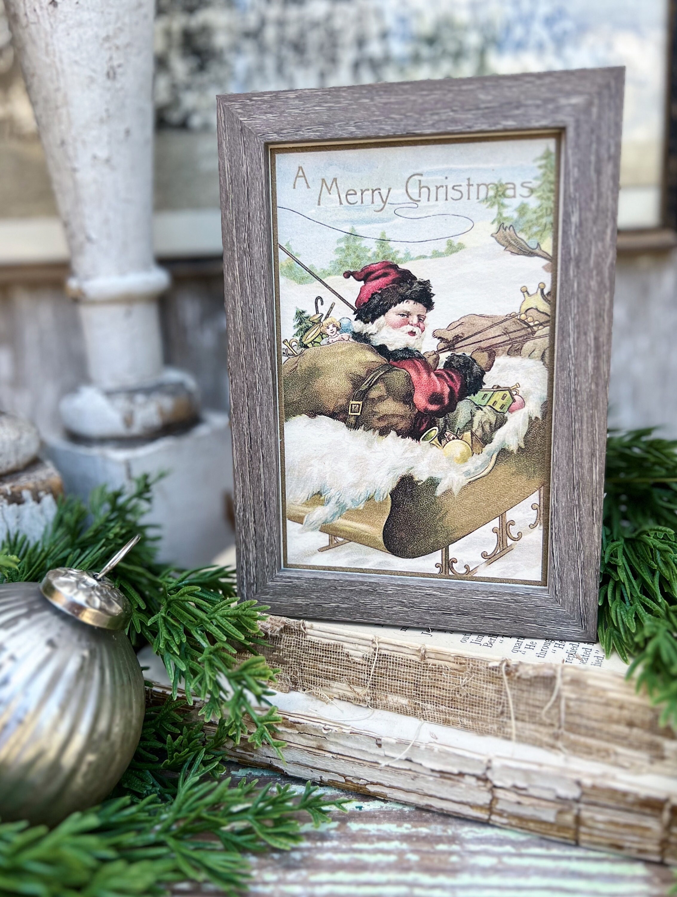 Vintage Santa Sleigh Sign Merry Christmas Victorian Farmhouse Christmas