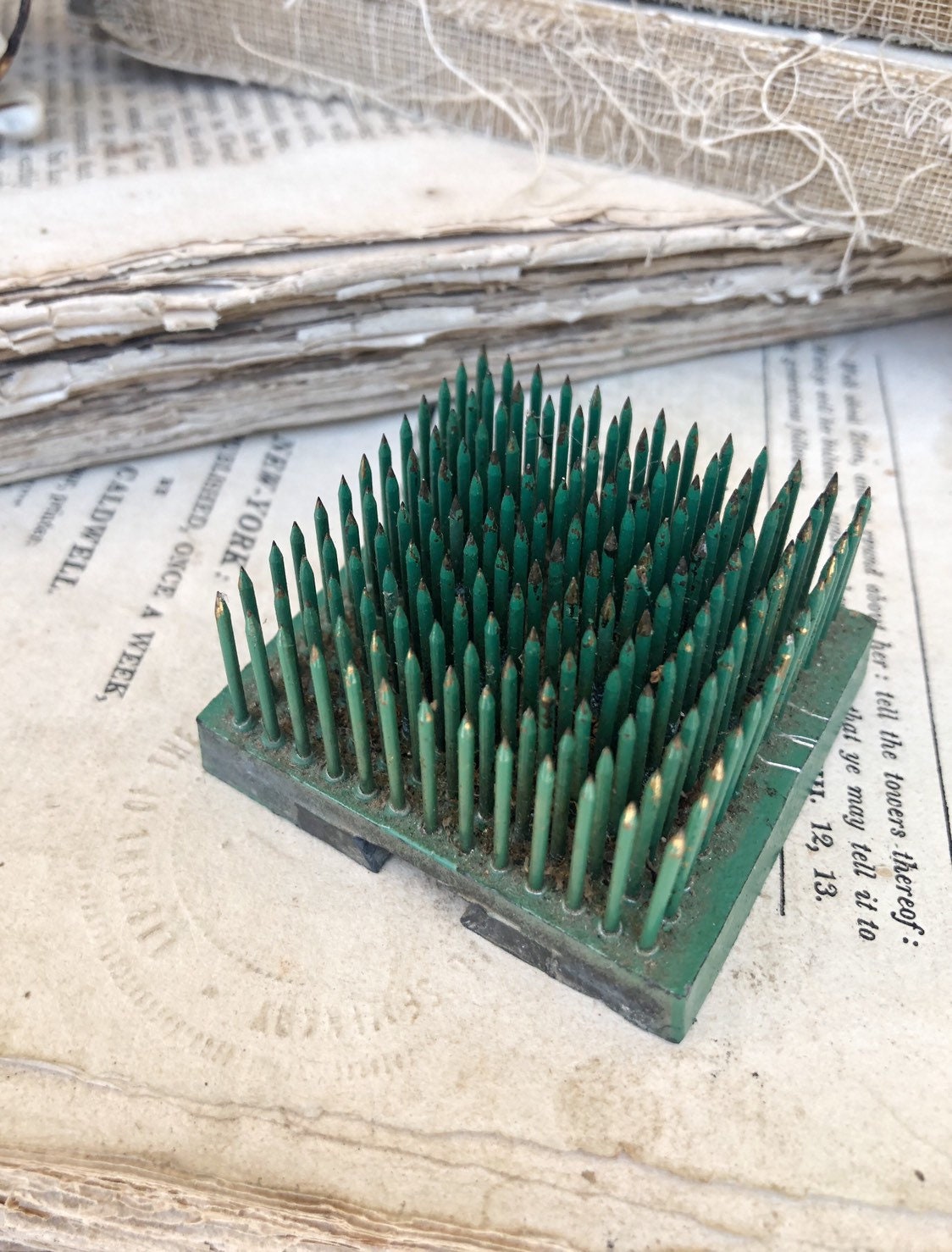 Vintage Metal Floral Frog SQUARE Green Flower Holder Farmhouse Decor