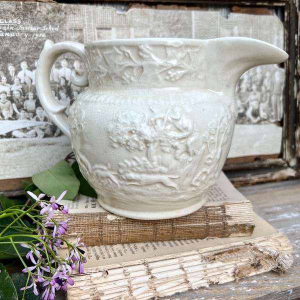 Antique Creamy White Ironstone Pitcher Embossed HUNT CLUB French Country Farmhouse Decor Crazed Crazing