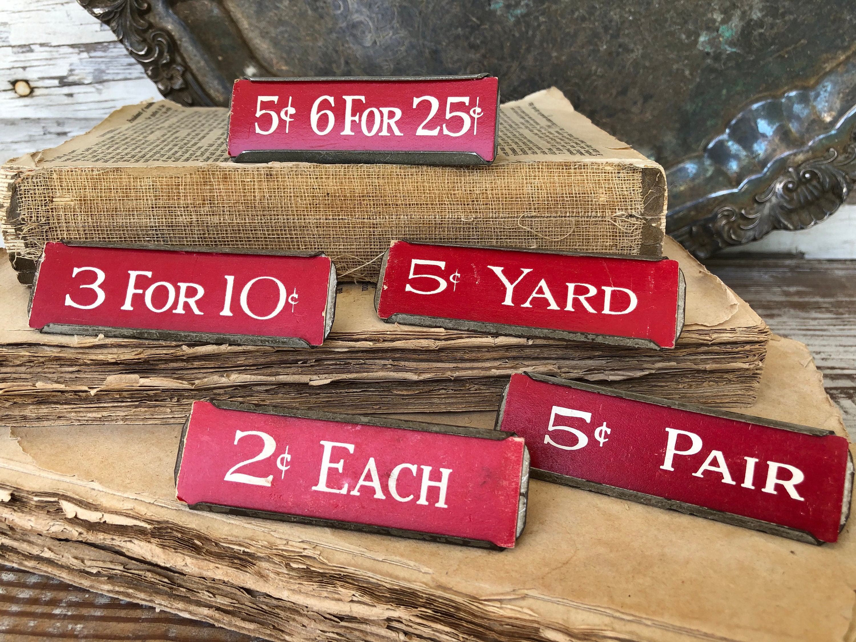 Vintage Metal Price Tag Holder RED Mercantile Shelf Clip Numbers