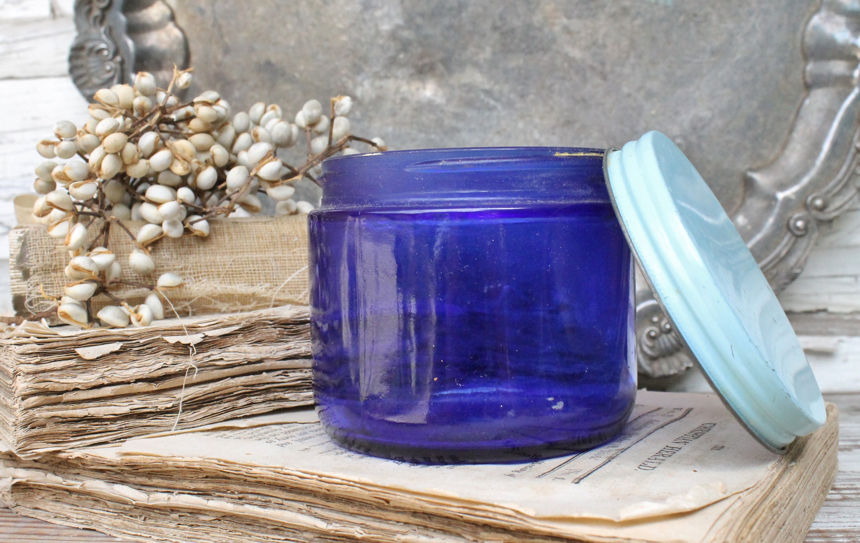 Vintage NOXZEMA Glass Jar COBALT BLUE Noxzema Shaving Lid Farmhouse