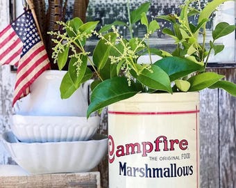 Vintage CAMPFIRE MARSHMALLOWS Tin Can  Americana Farmhouse Decor